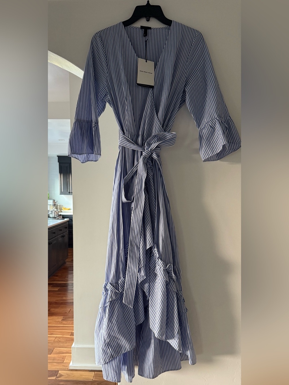 Who What Wear Blue and White Striped Wrap Maxi with Ruffle Hem